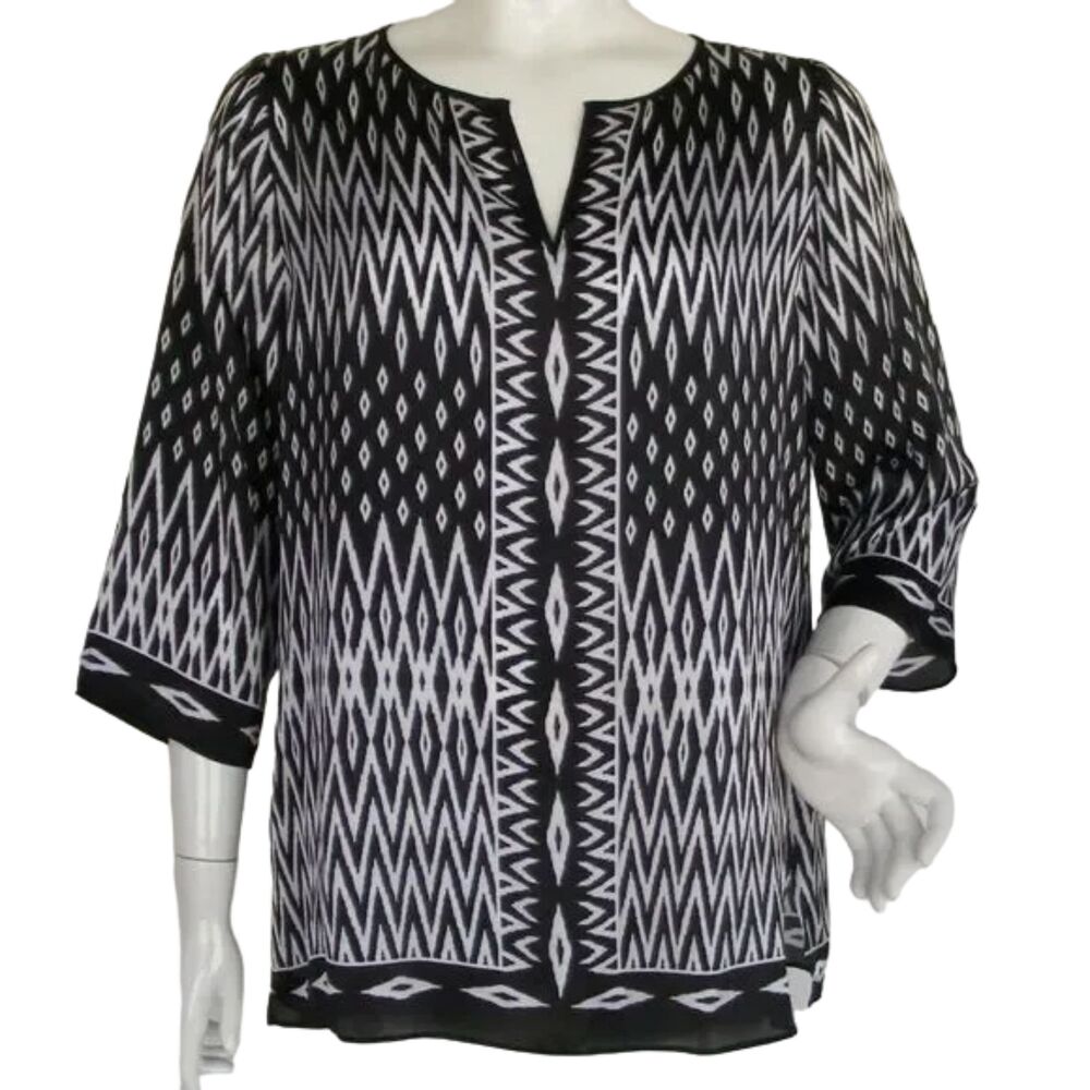 CHICO'S TRAVELERS Tunic Top, 2/L, Geometric/Diamonds/Chevrons, 3/4 Sleev…